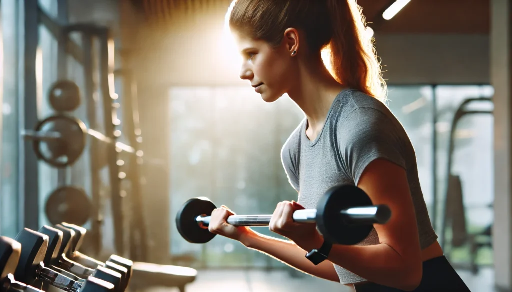 A determined yet content person lifting weights in a bright, modern gym, highlighting the stress-relief and resilience gained from strength training.