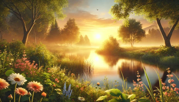 A serene sunrise over a peaceful landscape with a tranquil lake reflecting the warm hues of the sun, surrounded by lush greenery and blooming flowers. The golden light evokes a sense of hope, peace, and renewal.