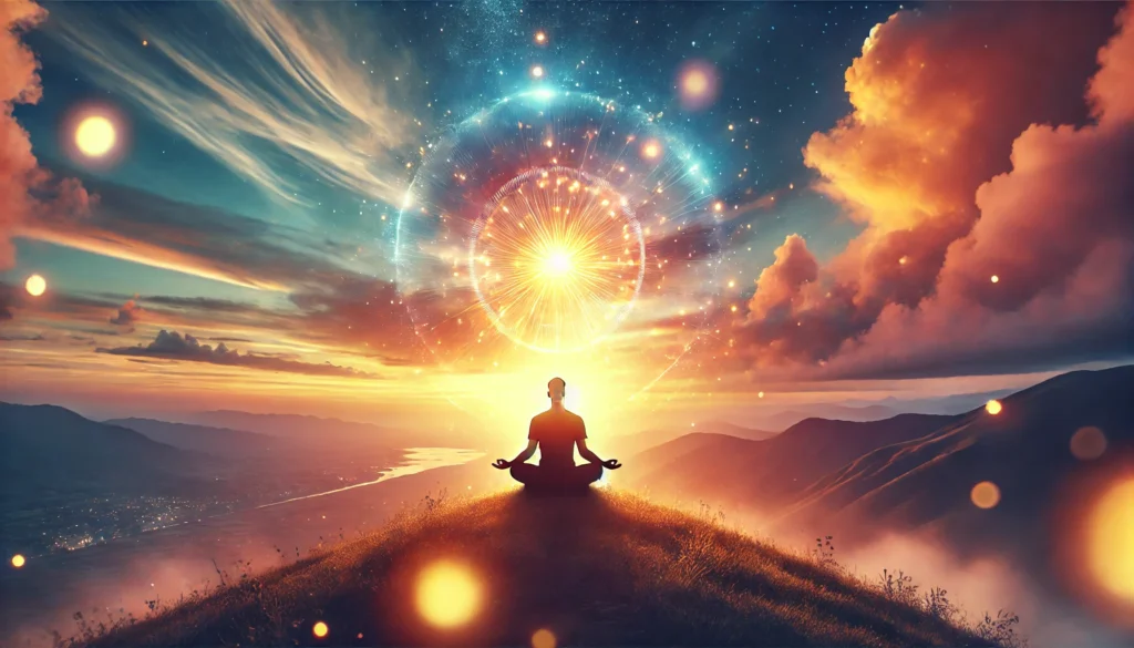 A person meditating on a hilltop during sunset, enveloped in a glowing aura of tranquility. The pastel-colored sky and vast landscape below symbolize inner calm, clarity, and the power of strong positive thoughts.