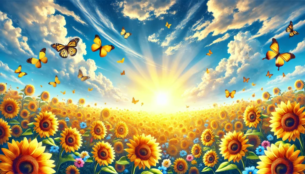 A vibrant field of sunflowers under a bright blue sky, representing joy, optimism, and positivity. The sunflowers bask in golden sunlight, with butterflies and birds adding a sense of movement and life.