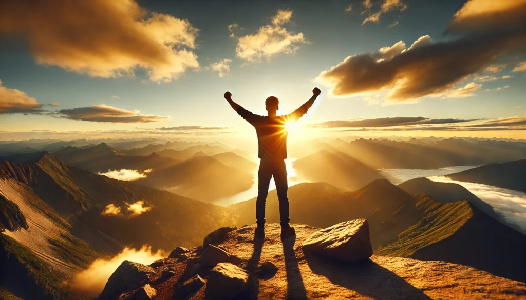 A joyful person standing on a mountain peak with arms raised, overlooking a breathtaking landscape. The scene, bathed in golden sunlight, symbolizes confidence, achievement, and the limitless power of positive thinking.