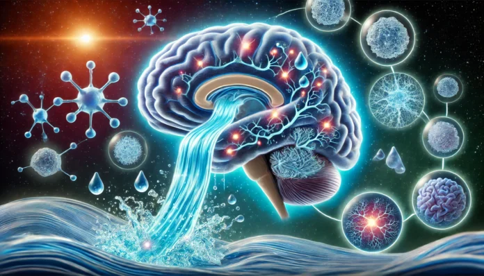 A conceptual illustration of the brain’s glymphatic system at work during sleep, showing glowing blue cerebrospinal fluid washing through brain tissue, removing toxins, and promoting cognitive restoration.