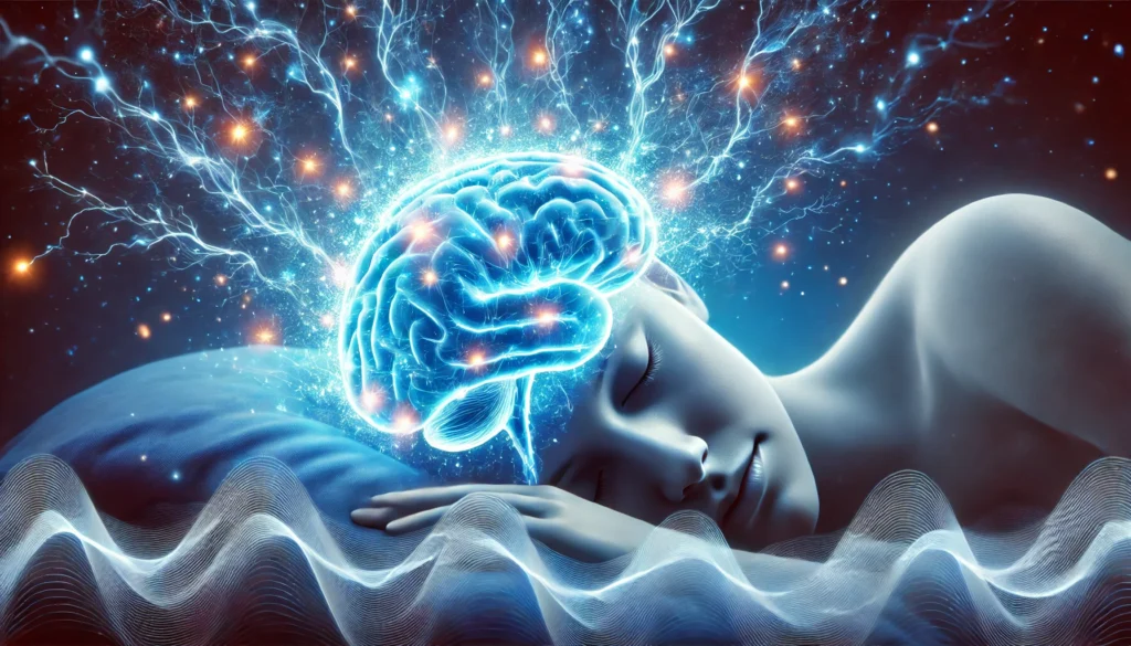 A scientific visualization of deep sleep, depicting electric blue neural pathways lighting up, waves of brain activity, and a calming ethereal glow representing cognitive restoration.