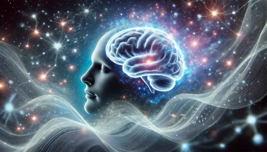 A surreal digital artwork of a human brain floating in a cosmic space, surrounded by glowing neural connections and soft waves of blue and purple light, symbolizing brain activity during sleep cycles.