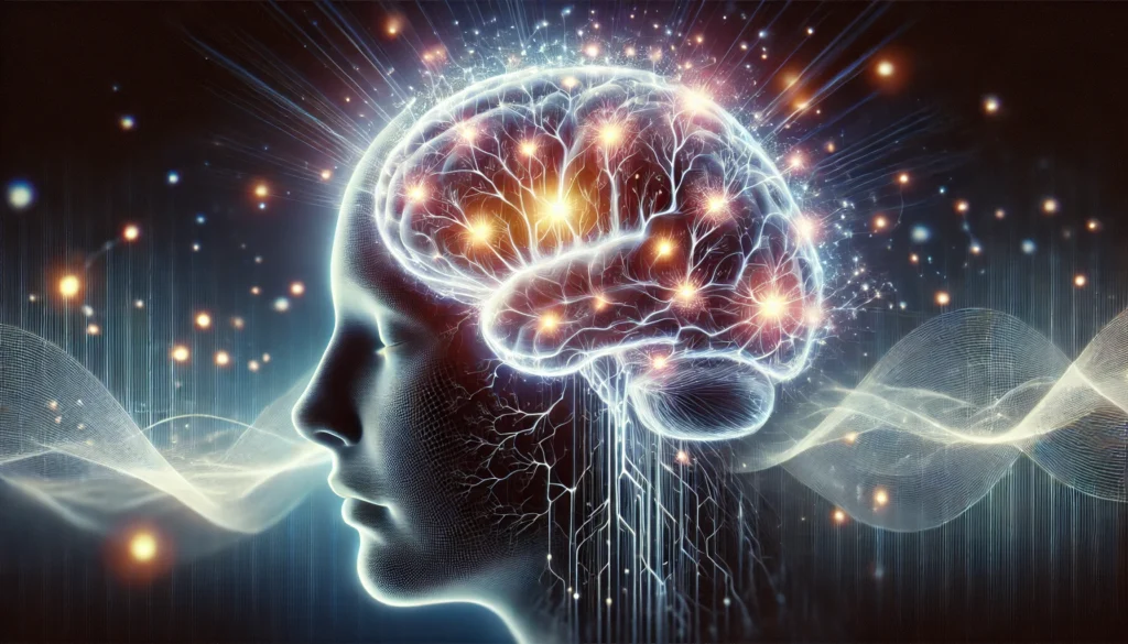 A futuristic visualization of the human brain during sleep, illuminated with glowing neural pathways and a soft ethereal glow, symbolizing memory consolidation, cognitive restoration, and deep sleep processes.