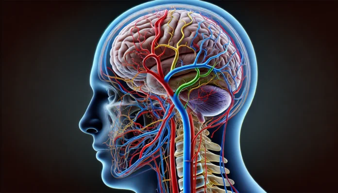 An ultra-detailed medical visualization of the human brain’s vascular system from a lateral perspective, highlighting the carotid and vertebral arteries. The semi-transparent effect reveals underlying brain structures while differentiating oxygenated and deoxygenated blood flow with vivid colors.