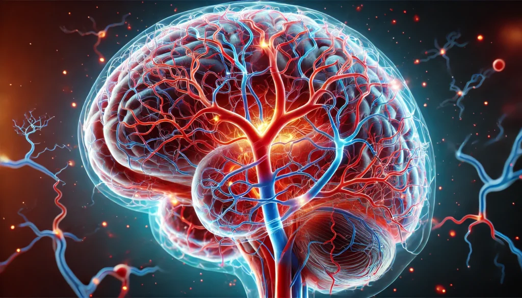 A visually striking 3D rendering of the human brain’s vascular system, focusing on capillaries, arterioles, and major arteries. The glowing effect emphasizes blood circulation dynamics, with vivid contrast between brain structures and the arterial network for an immersive, educational view.