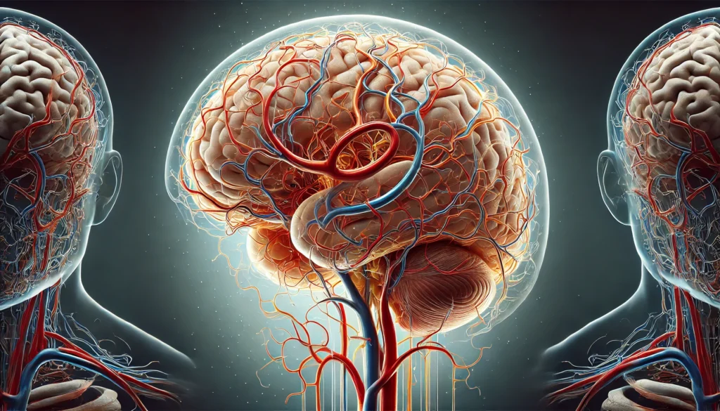 A highly detailed digital rendering of the human brain’s vascular system, showcasing the intricate network of arteries and veins, including the Circle of Willis. The realistic depiction highlights the internal carotid arteries, vertebral arteries, and smaller cerebral arteries with distinct color contrast for educational clarity.