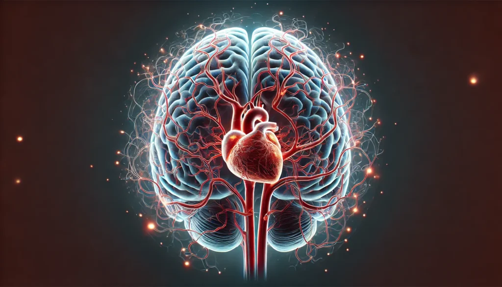 A scientifically accurate 3D rendering of the human brain's vascular system, emphasizing major arteries such as the Circle of Willis, internal carotid arteries, and vertebral arteries. The intricate network of blood vessels is highlighted with a glowing effect, providing an immersive view of cerebral circulation dynamics. The high-resolution visualization is ideal for medical education and neurological research.