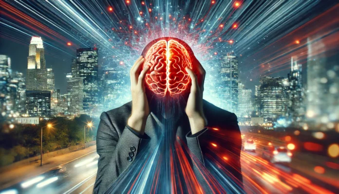 A visually striking image of a person holding their head, with a glowing red aura around their brain symbolizing mental strain and fatigue. The blurred cityscape with flashing lights in the background represents overstimulation and cognitive exhaustion in a fast-paced modern world.