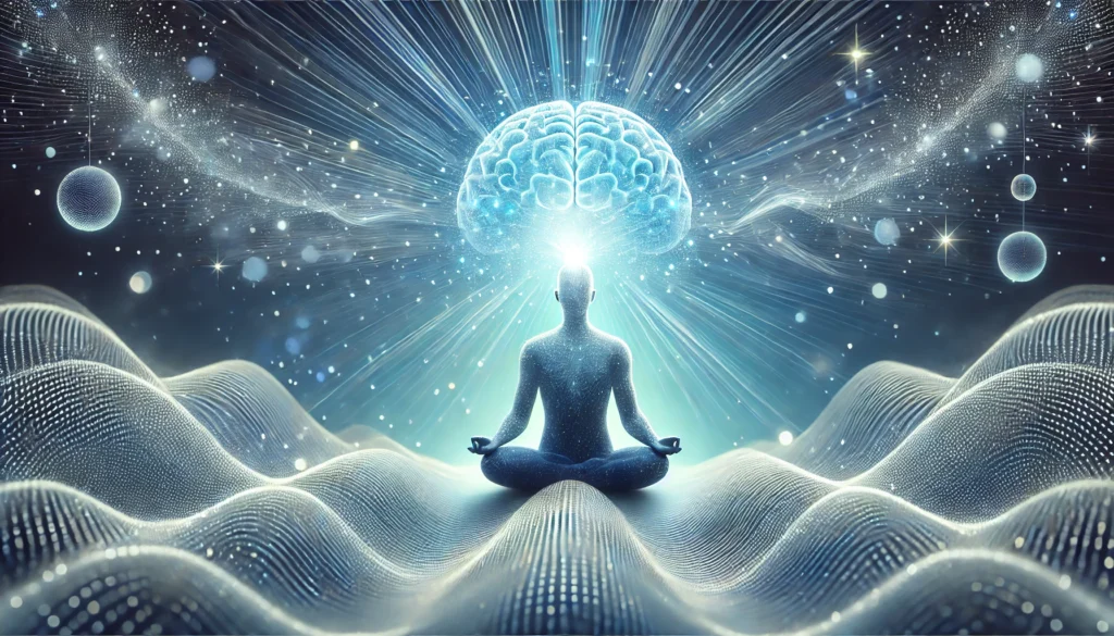 A serene and calming digital artwork of a person meditating, with a radiant blue light emanating from their head, symbolizing mental clarity and cognitive rejuvenation. The soft, abstract waves and glowing particles in the background represent restored brain energy and balance, evoking a sense of deep relaxation and cognitive renewal.