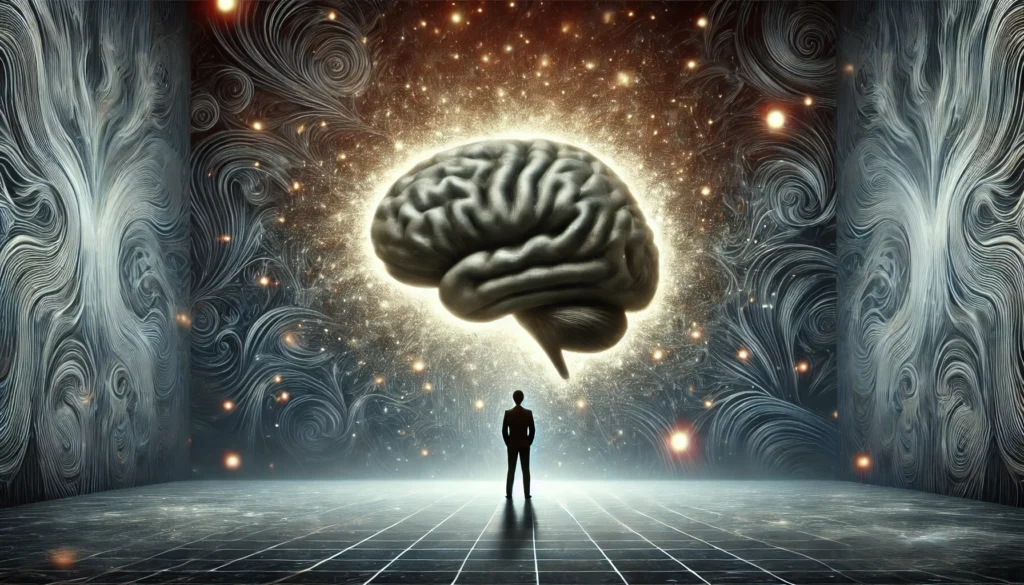 A conceptual digital painting of a person standing in a dark room with a dimly lit brain-shaped aura above their head, symbolizing brain fatigue and mental exhaustion. The background is filled with chaotic, swirling patterns representing overwhelming thoughts and stress, conveying cognitive strain and burnout.