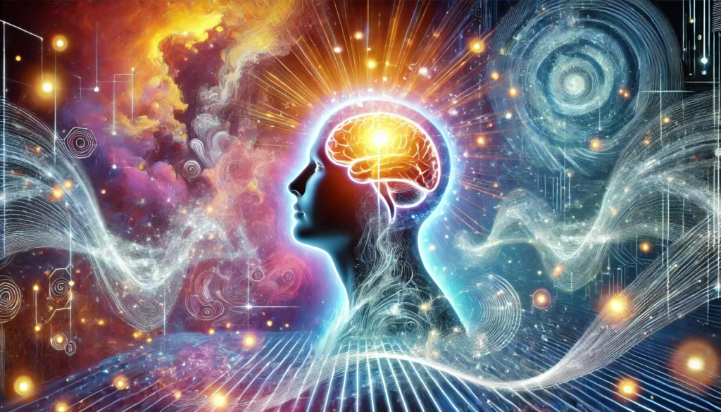 A vibrant digital artwork of a person with a glowing brain, surrounded by swirling energy waves and light bursts, symbolizing restored mental clarity and cognitive vitality. The background features an abstract, futuristic landscape with a sense of balance and renewal, conveying the transformation from brain fatigue to heightened focus and well-being.