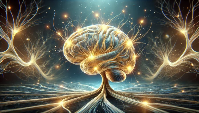 A visually striking 3D-rendered image of a glowing brain nerve network intertwined with golden energy strands, symbolizing cognitive vitality and longevity. The pulsating nerves illustrate active neuron communication, set against a futuristic blue-hued background.