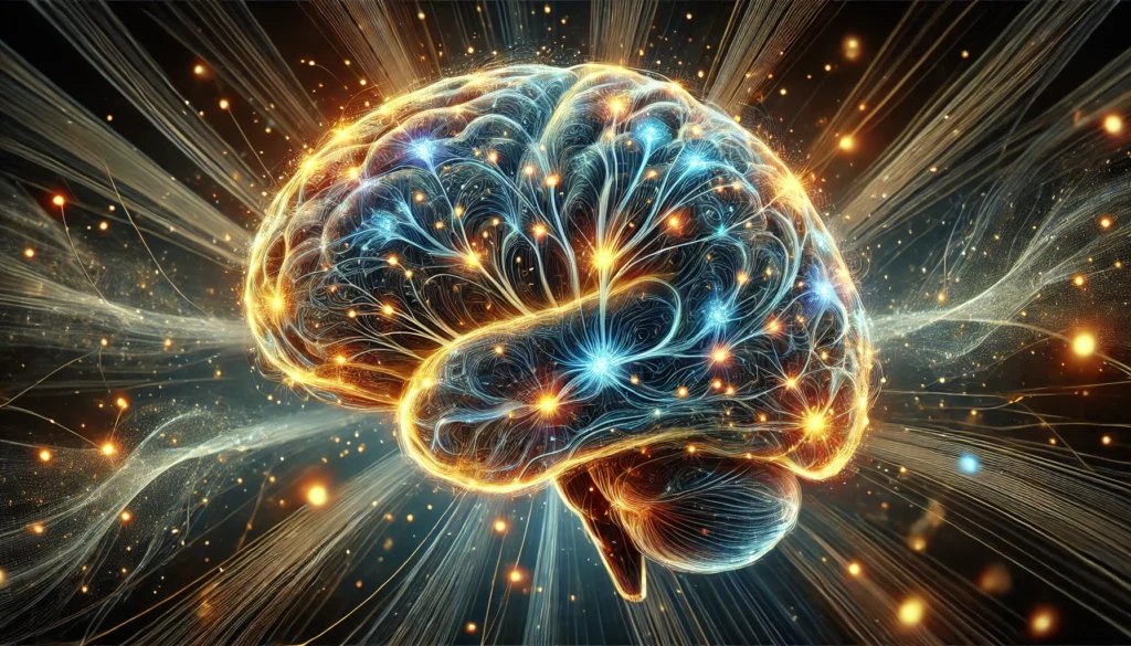 A highly detailed artistic rendering of the human brain with glowing neural pathways in blue and gold, representing cognitive function and longevity. The interconnected nerves illustrate brain activity, set against a dark futuristic background.