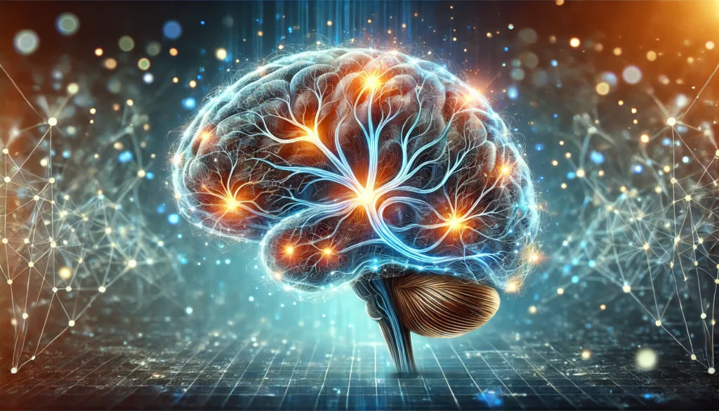 A scientifically inspired digital illustration of a human brain with a glowing neural network, symbolizing cognitive health and longevity. The interconnected nerves in electric blue and orange depict active synaptic communication, set against a futuristic, high-tech background with soft light particles.