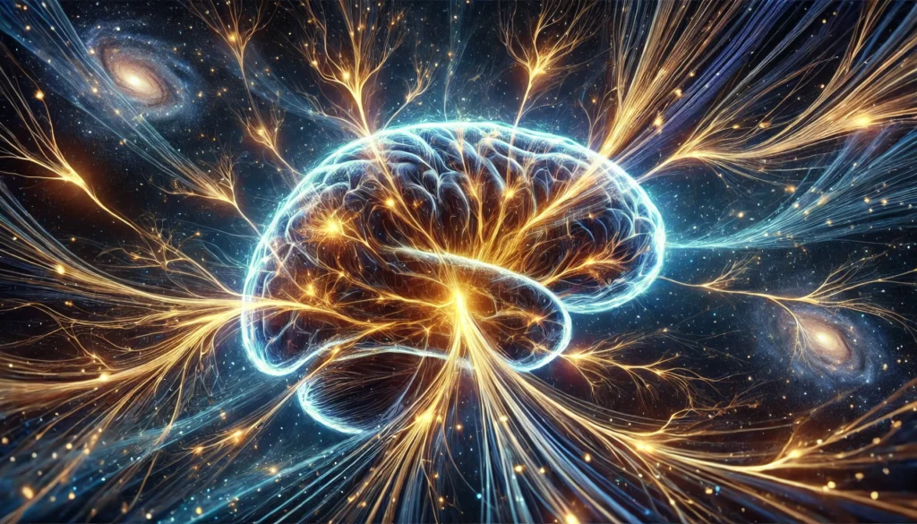 A surreal visualization of brain nerves extending into space, representing the limitless potential of cognitive health and longevity. Glowing blue and gold neural pathways form a cosmic network of intelligence, set against a starry sky with faint nebulae, symbolizing an expansive and interconnected mind.