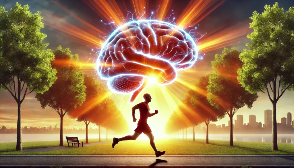 A dynamic depiction of a person jogging in a park with a glowing brain silhouette superimposed, symbolizing improved focus and memory. The background showcases a sunrise, representing renewed mental clarity and energy.