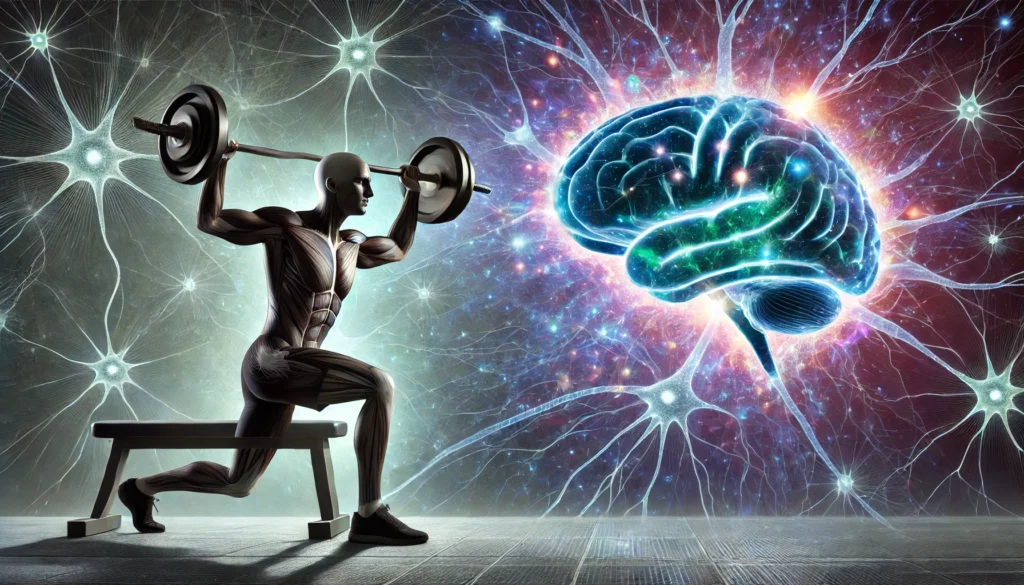 A powerful scene of a person lifting weights with an ethereal, glowing brain hovering above, illustrating enhanced cognitive abilities through exercise. The background contains abstract neuron-like patterns symbolizing brain activity and mental sharpness.