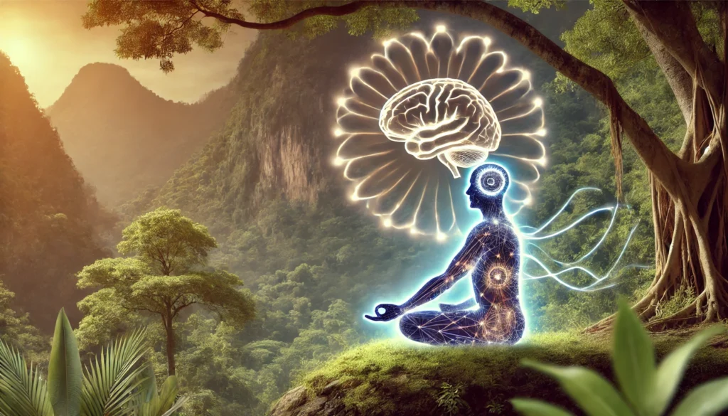 A serene representation of a person practicing yoga, with glowing energy lines connecting the body to a radiant brain, symbolizing improved mental clarity and cognitive balance through exercise. The background features a tranquil, nature-inspired setting.