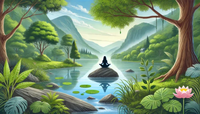 A serene nature scene featuring a person meditating on a rock beside a tranquil lake, surrounded by lush greenery and distant mountains, symbolizing mindfulness and stress reduction.
