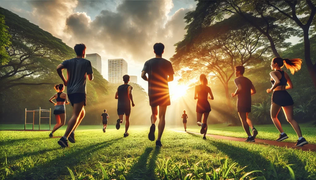 A group of people jogging through a lush green park during sunrise, illustrating the mental health benefits of regular physical exercise and an active lifestyle.