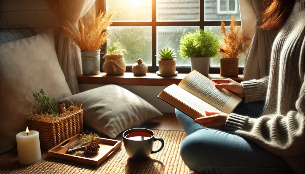 A cozy indoor setting with a person reading a book near a sunlit window, accompanied by a warm cup of tea, representing relaxation, self-care, and mental well-being.