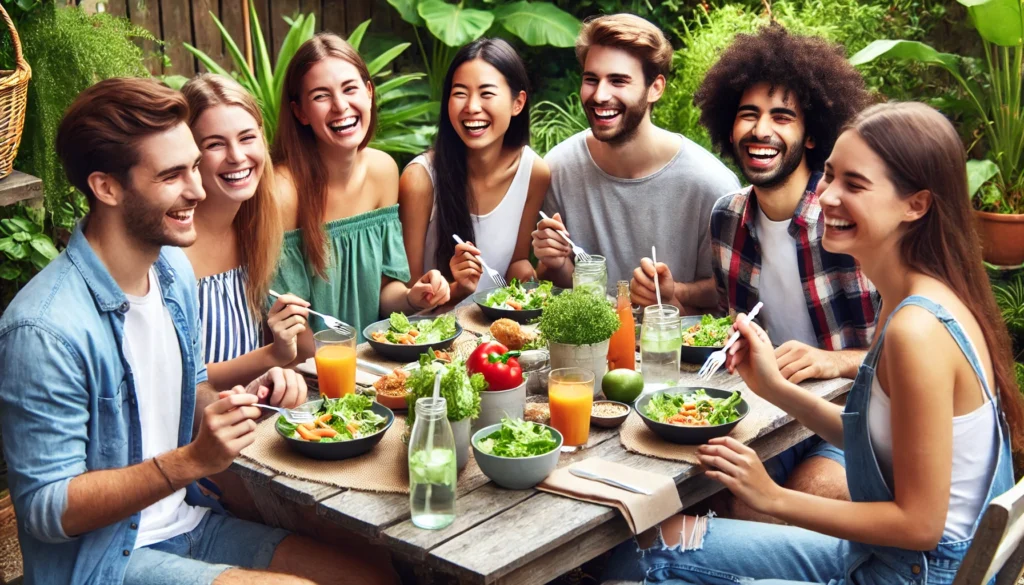 A cheerful group of diverse friends enjoying a healthy meal together at an outdoor dining table, surrounded by greenery, emphasizing the importance of social connections and nutrition for mental health