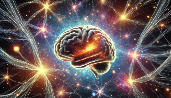 A surreal image of a human brain floating in a cosmic space, surrounded by vibrant neural pathways resembling galaxies, symbolizing the mysteries of human consciousness and the vast potential of cognitive science.