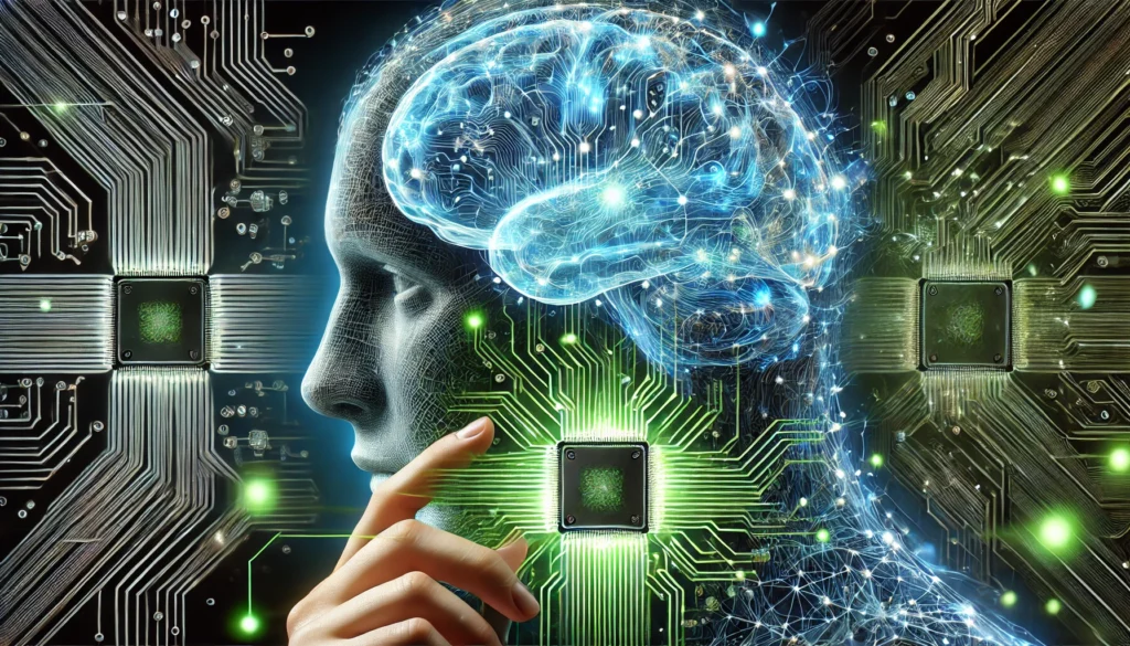 A close-up of a human brain merging with a digital circuit board, with glowing neural pathways intertwining with technology, representing the intersection of neuroscience, artificial intelligence, and brain-machine interfaces.