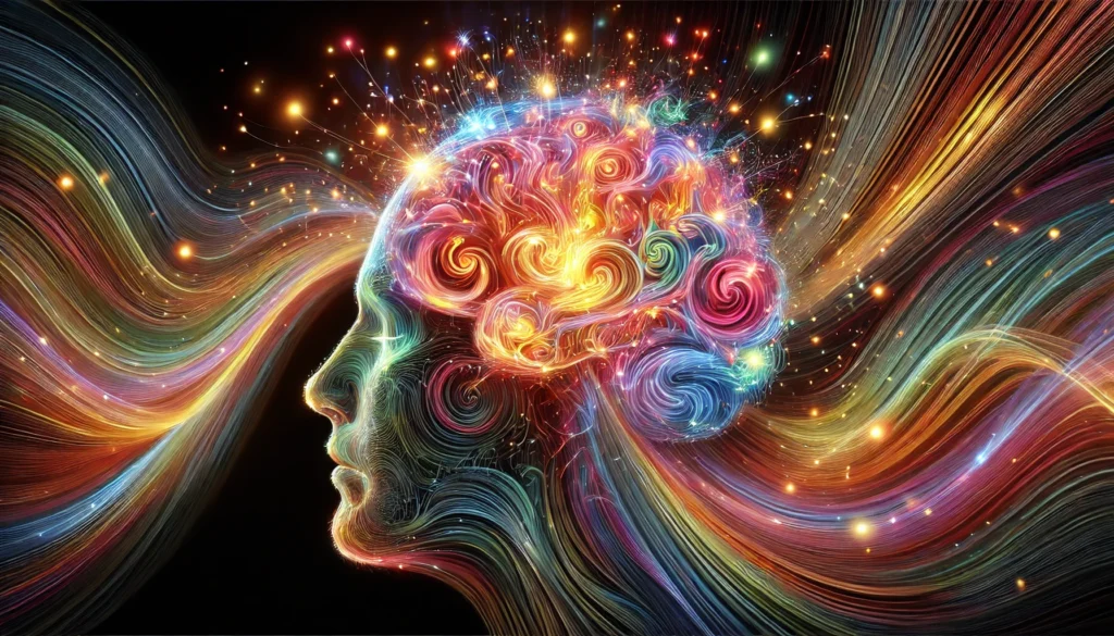 A colorful artistic depiction of a brain composed of swirling energy patterns and neural sparks, illustrating the dynamic nature of human cognition, memory, and consciousness.