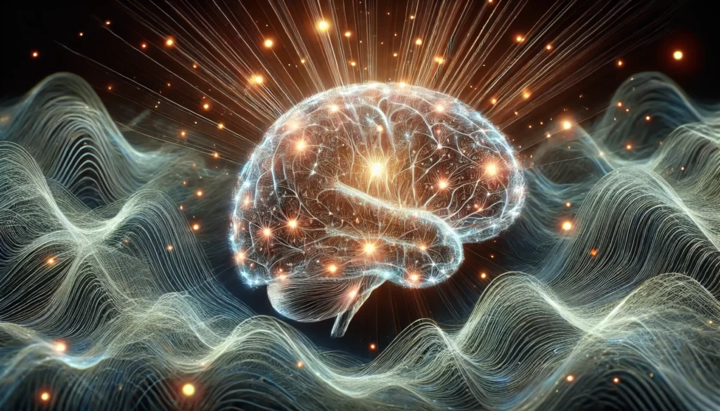 A highly detailed 3D rendering of a human brain, illuminated by glowing neural networks and surrounded by abstract waves of energy, symbolizing thought, cognition, and the latest breakthroughs in neuroscience.