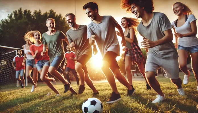 A diverse group of people playing soccer in a park during sunset, showing joyful expressions and camaraderie. The image captures movement, teamwork, and the mental health benefits of outdoor exercise.
