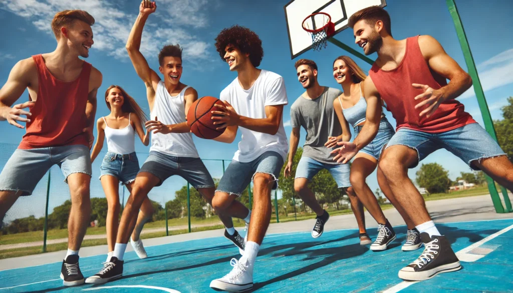 A group of friends playing basketball on an outdoor court under a bright blue sky. The players display energetic movement, laughter, and teamwork, illustrating how sports enhance mental well-being through social connection and physical activity.