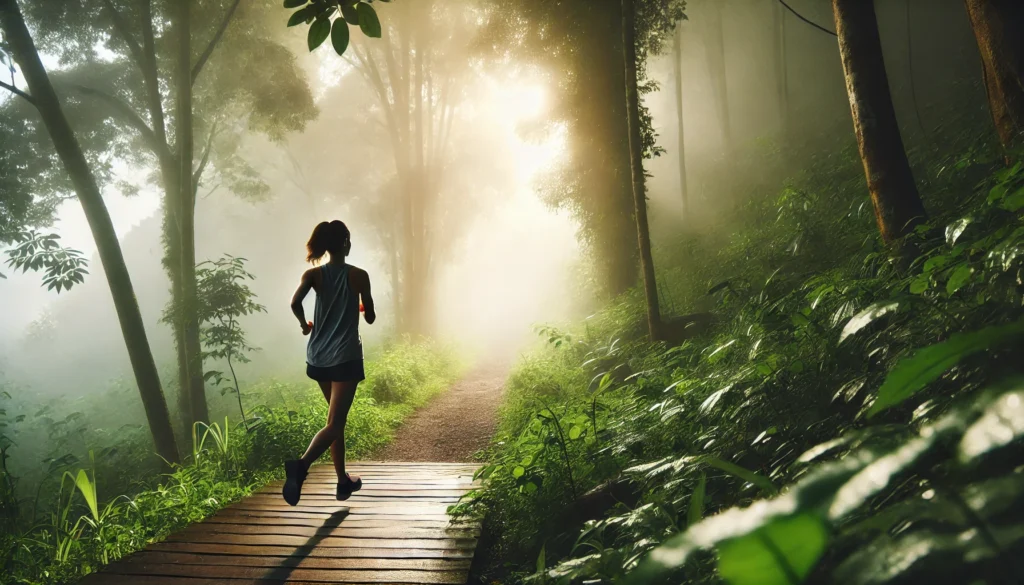 A serene image of a woman jogging along a forest trail in the morning mist, surrounded by lush greenery. She appears calm and focused, symbolizing the stress-relieving and mood-boosting effects of running in nature.