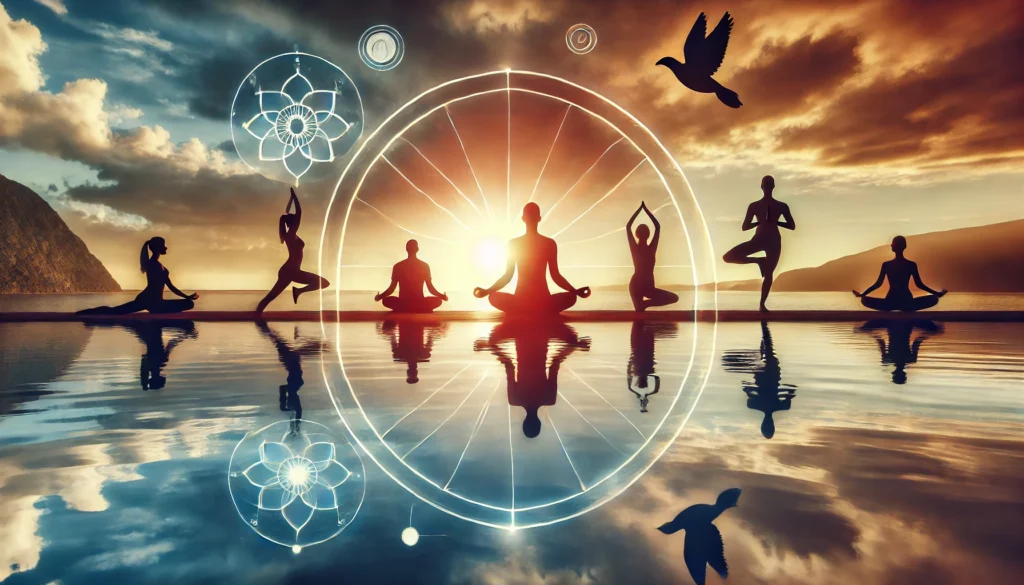 A group of people practicing yoga on a peaceful beach at sunrise, engaging in mindful poses with a calm ocean in the background. The image reflects the mental clarity and relaxation benefits of sports like yoga.