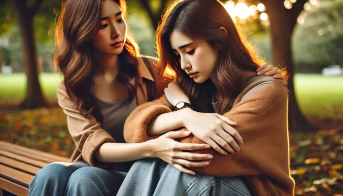 A comforting scene in a park where a supportive friend holds the hand of a young woman experiencing anxiety. The atmosphere is warm and peaceful, creating a sense of reassurance.