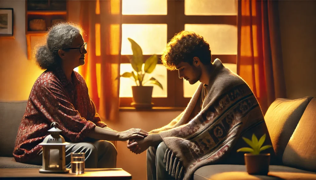 A caring family member comforting a person with anxiety in a cozy living room. The anxious person is wrapped in a blanket, while the family member offers emotional support with a warm expression.