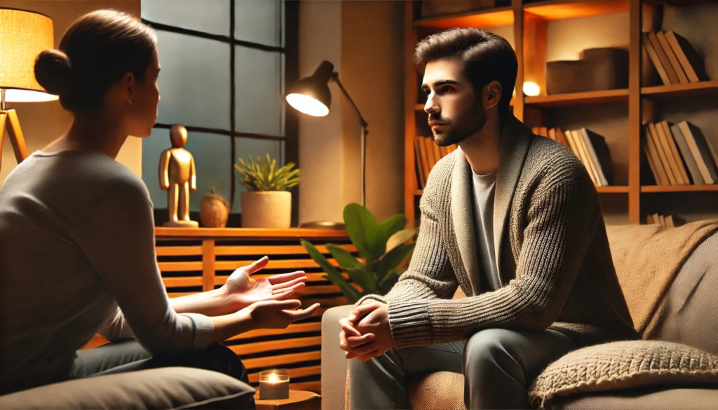 A therapy session where a compassionate therapist attentively listens to a client with anxiety. The setting is a cozy office with warm lighting and a soothing ambiance, promoting open conversation.