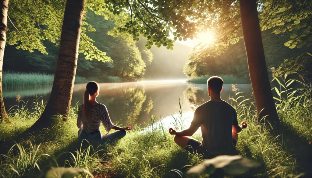 A peaceful meditation session in nature, where a person with anxiety is practicing deep breathing with a supportive friend. They are sitting near a tranquil lake, surrounded by trees and sunlight.