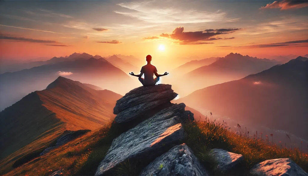 A serene image of a person practicing yoga in a meditative pose atop a mountain peak at sunset. The vast landscape and tranquil atmosphere symbolize balance, mindfulness, and the link between physical and mental well-being.