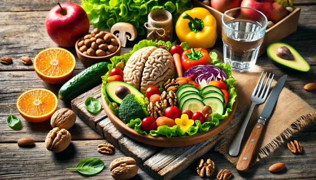 A vibrant spread of fresh fruits, vegetables, and nuts on a rustic wooden table, representing the role of nutrition in supporting brain health and emotional well-being.