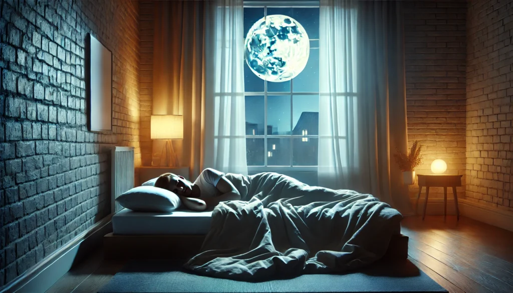 A cozy bedroom scene with a person sleeping comfortably under soft blankets, illuminated by gentle moonlight through a window. The peaceful setting emphasizes the importance of quality sleep for mental and physical restoration