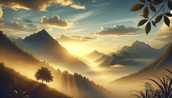 A peaceful sunrise over a mountain range, symbolizing a fresh start, clarity, and renewal.