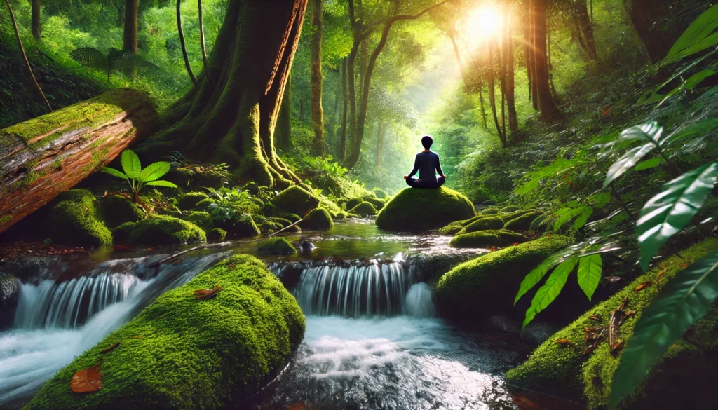 A person meditating by a waterfall in a lush forest, embodying mindfulness and emotional resilience.