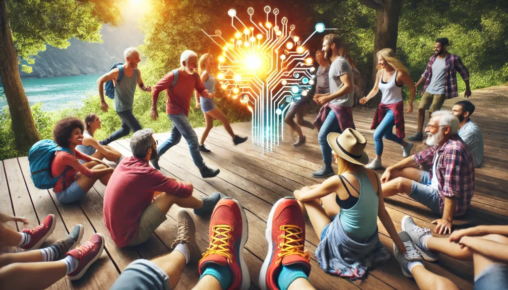 A diverse group engaging in a lively outdoor activity, symbolizing the benefits of social relationships and physical well-being.