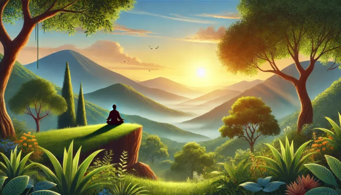 A peaceful sunrise over a mountain landscape, where a person sits in meditation, surrounded by lush greenery, representing mindfulness and mental well-being.