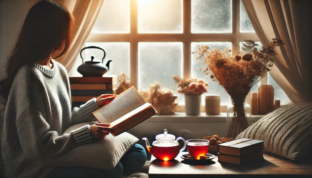 A cozy indoor scene with a person reading a book and drinking tea by a large sunlit window, evoking relaxation, comfort, and self-care