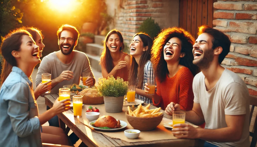 A diverse group of friends gathered outdoors, laughing and enjoying a meal together, highlighting the benefits of social connections for happiness.