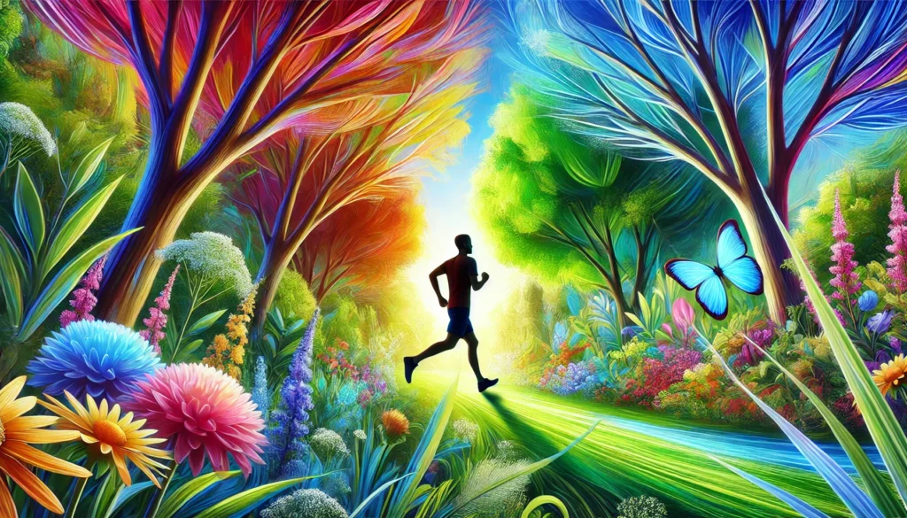 A person jogging in a vibrant park, surrounded by lush greenery and colorful flowers, illustrating the positive impact of physical activity on well-being.